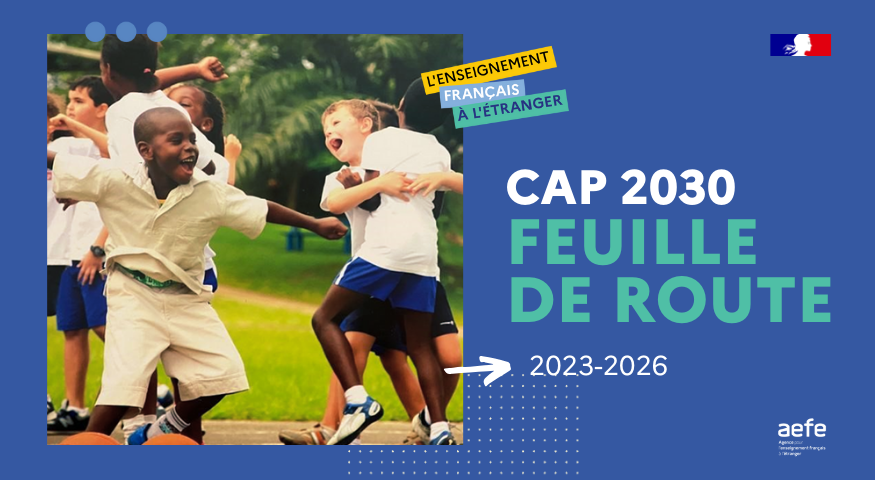 Visuel mentionnant "Feuille de route du Cap 2030", avec une photo d'enfants de maternelle qui jouent.